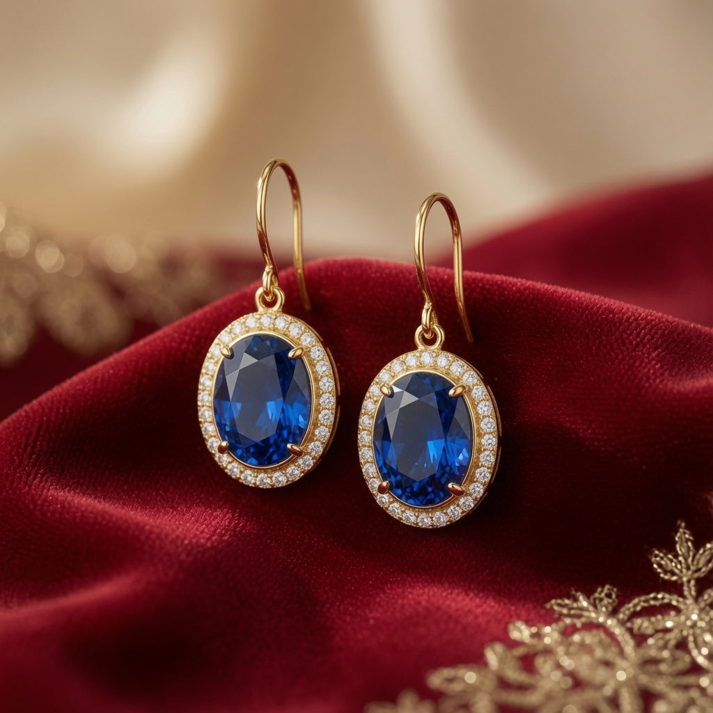 Blue Sapphire Halo Drop Earrings in Gold