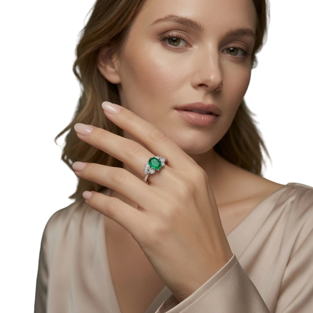 Green Emerald Diamond Ring