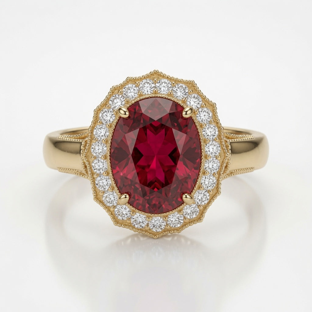 Red Ruby Halo Gold Ring
