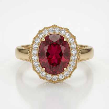 Red Ruby Halo Gold Ring