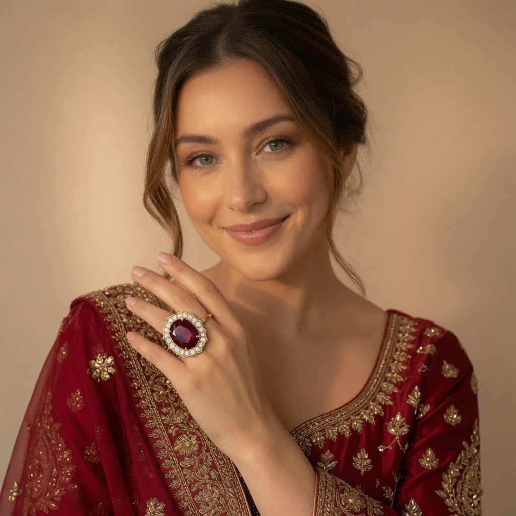 Red Ruby Halo Gold Ring