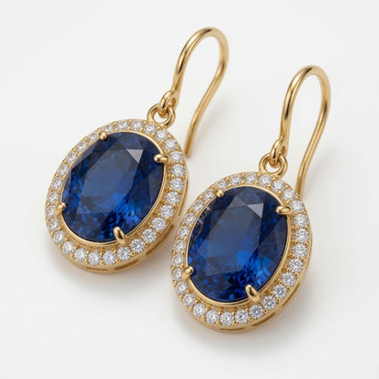 Blue Sapphire Halo Drop Earrings in Gold