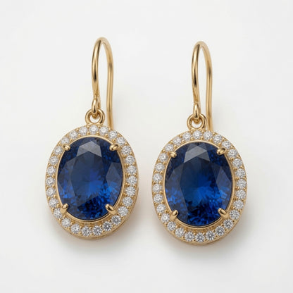 Blue Sapphire Halo Drop Earrings in Gold