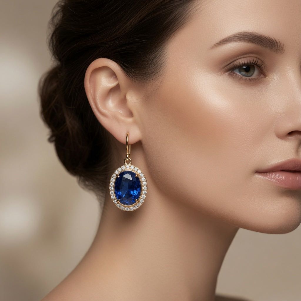 Blue Sapphire Halo Drop Earrings in Gold